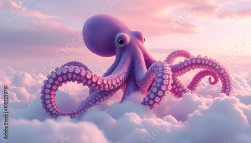 giant octopus with vibrant purple skin and long tentacles floats gracefully among fluffy clouds, creating surreal and whimsical atmosphere photo