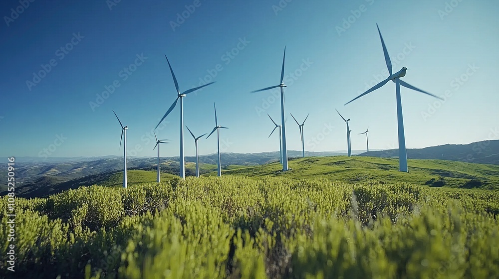 Obraz premium Wind turbines on a green hillside under a clear blue sky.
