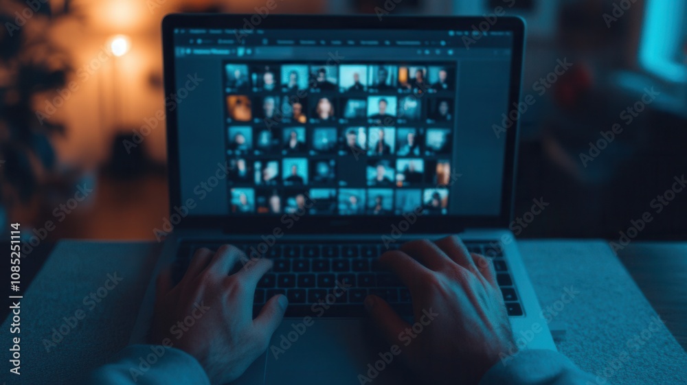 A person working on a laptop displaying a grid of images, with a cozy atmosphere highlighted by soft lighting. A person working on a laptop displaying a grid of images, with a cozy atmosphere highlighted by soft lighting.