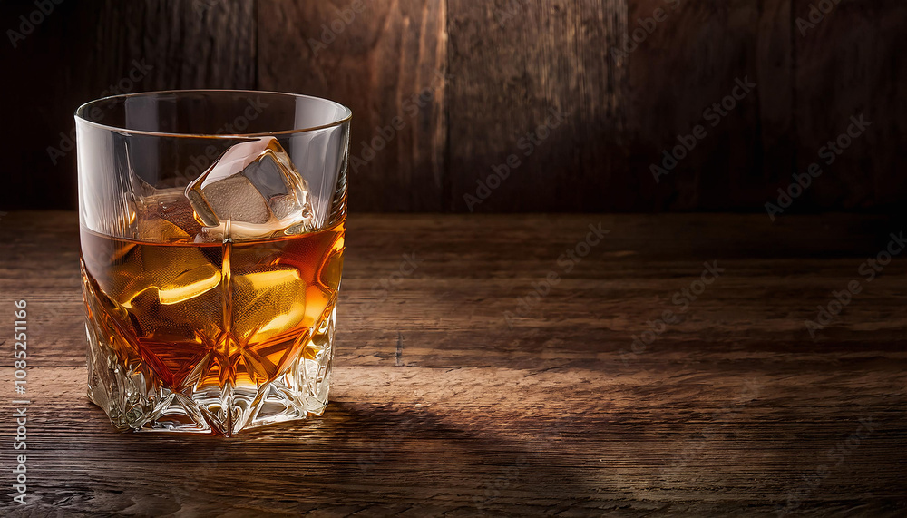 Glass of whiskey on wooden background with copy space
