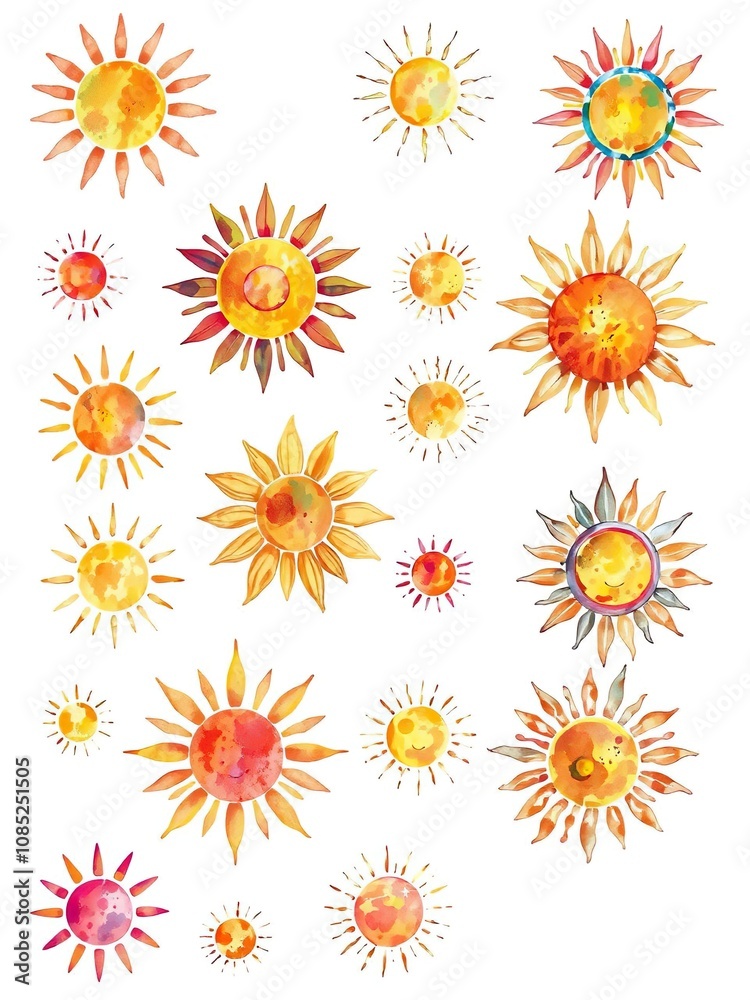 A vibrant and colorful compilation of sun illustrations in various artistic styles, including watercolor, abstract, geometric, and floral designs, watercolor, vibrant, illustrations A vibrant and colorful compilation of sun illustrations in various artistic styles, including watercolor, abstract, geometric, and floral designs, watercolor, vibrant, illustrations