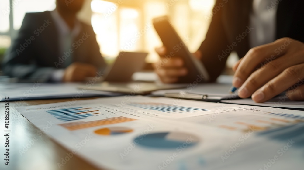 Business Professionals Analyzing Financial Reports and Charts with Mobile Device in Modern Office Setting During Daylight Hours Business Professionals Analyzing Financial Reports and Charts with Mobile Device in Modern Office Setting During Daylight Hours
