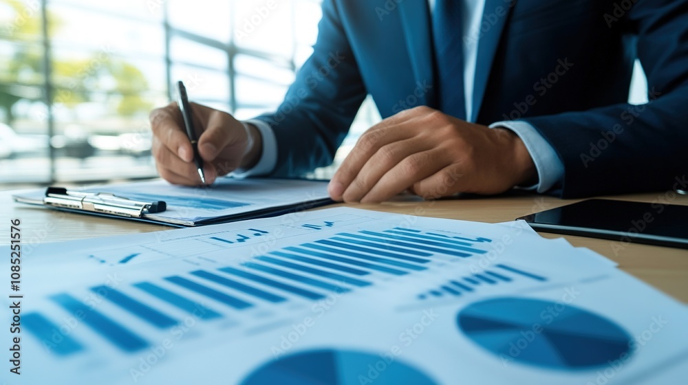 Business Professional Analyzing Graphs and Charts During a Financial Meeting with Documents and Smartphone on Table