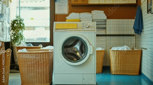 White Washing Machine in a Laundry Room with Wicker Baskets