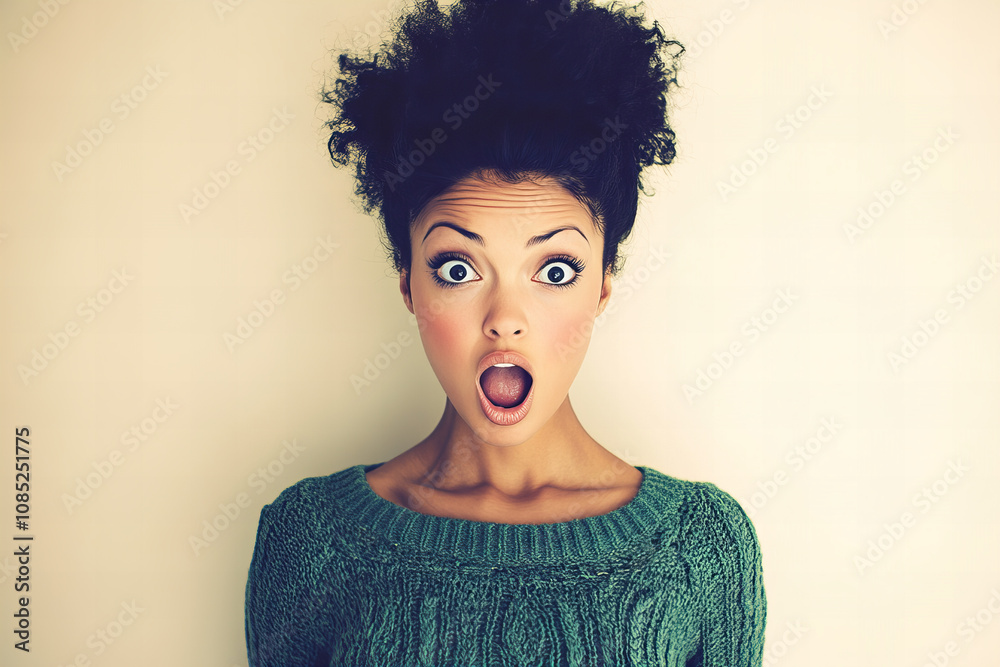 Young woman expressing surprise and amazement while wearing a soft sweater, featuring wide open eyes and mouth in a captivating and emotional portrait against a light neutral background. Young woman expressing surprise and amazement while wearing a soft sweater, featuring wide open eyes and mouth in a captivating and emotional portrait against a light neutral background.