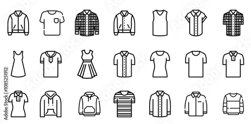 Clothes line icons set. Sweatshirt, hoody, pullover, bathsuit, jacket, evening dress, cardigan, trousers visualization vector illustration. Outline signs of fashion apparel. Editable Stroke photo