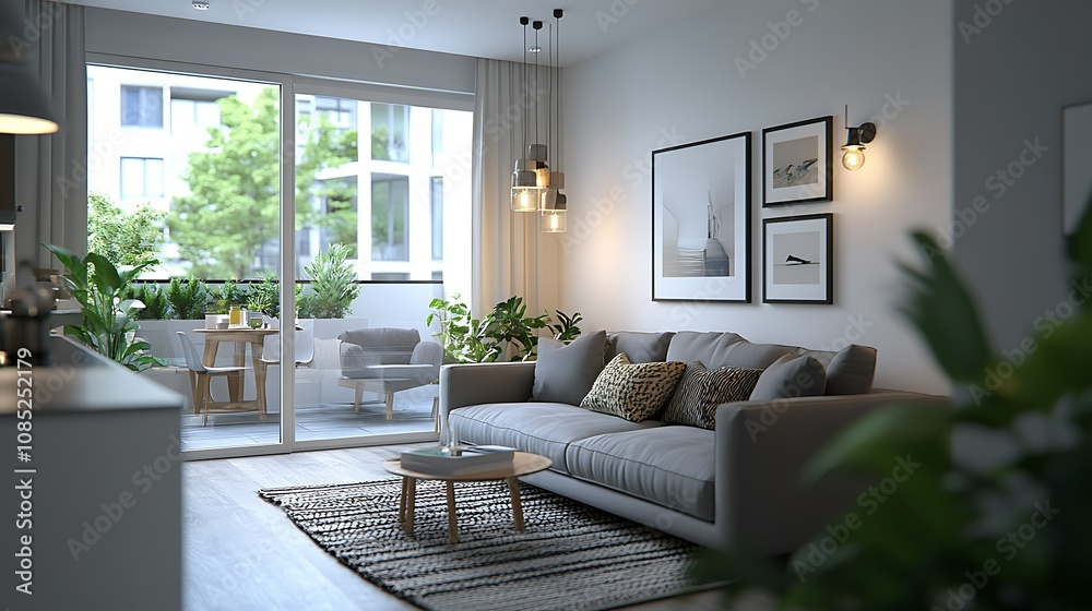 Fototapeta premium Cozy modern living room with plants and natural light.