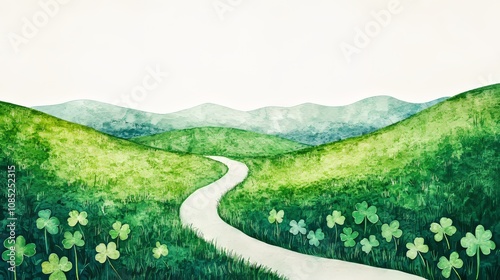 This watercolor illustration shows a winding path through a green clover field with white clouds above photo