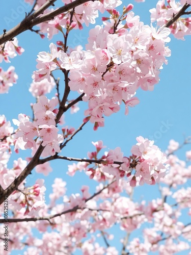 Beautiful cherry blossoms in full bloom against a clear blue sky, natural, fresh, seasonal