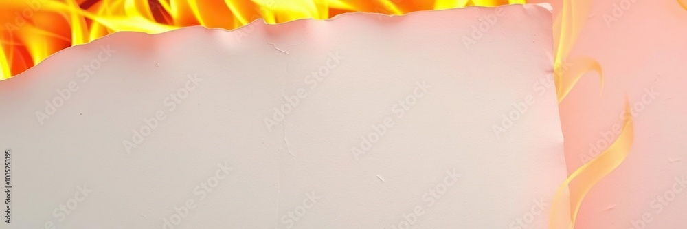 Fototapeta premium Burning paper edge with yellow and orange flames on black background, close-up, burning