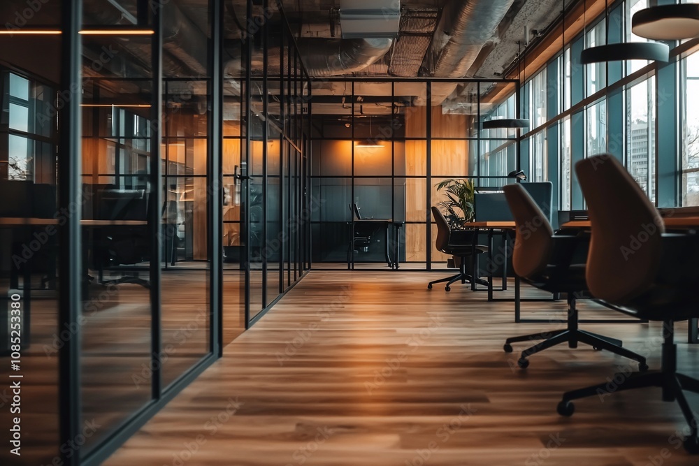 Modern Office Space with Glass Walls and Wooden Flooring