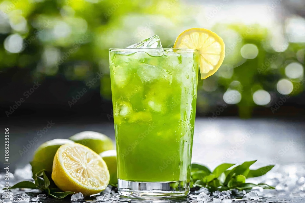Refreshing Green Lemonade with Ice and Slices of Fresh Lemon Refreshing Green Lemonade with Ice and Slices of Fresh Lemon