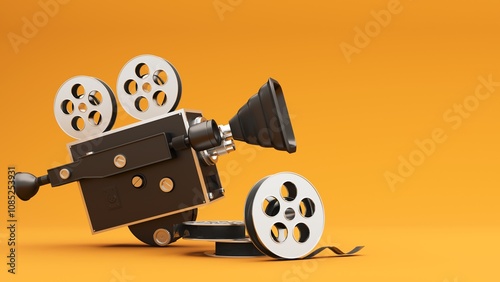 3D render of film industry elements - camera, tickets, popcorn, cinema chair. Background for advertising cinema, online viewing, video broadcasts.