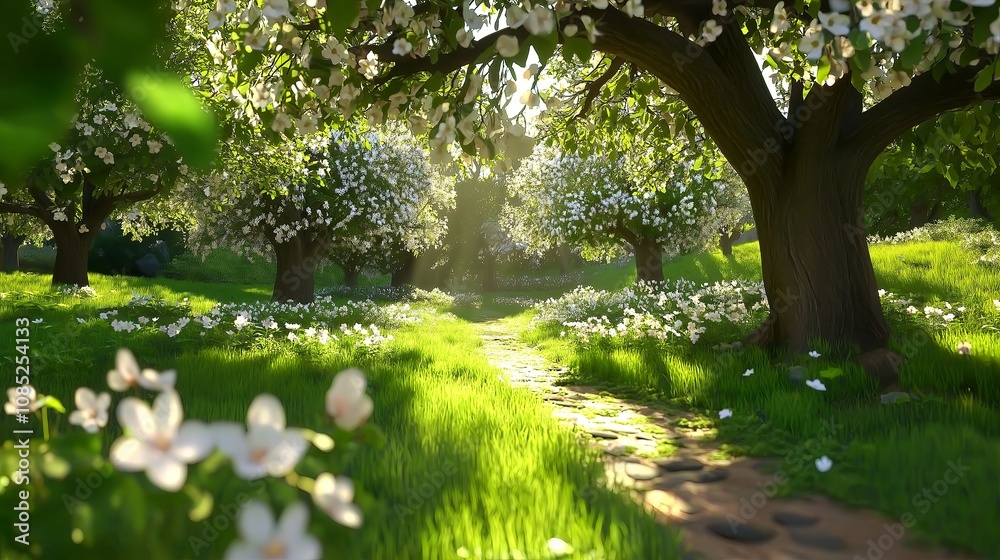 Fototapeta premium Sunlit Orchard with Blossoming Fruit Trees