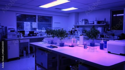 A high-tech lab features cannabis plants in transparent growth pods, illuminated by vibrant neon lights.