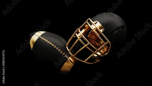 3D render of an American football background showing a football and trophy, celebrating Super Bowl victory and the thrill of the competition. Advertising banner with copy space