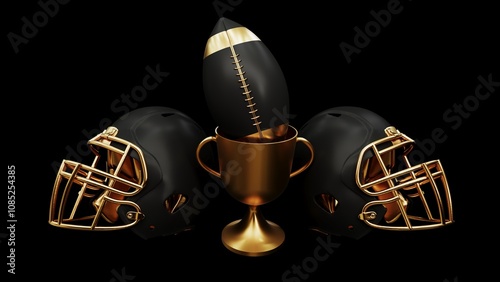 3D render of an American football background showing a football and trophy, celebrating Super Bowl victory and the thrill of the competition. Advertising banner with copy space