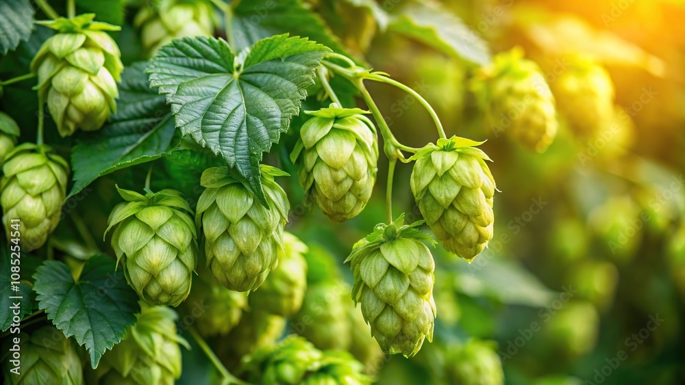 Close-up of hop flowers and leaves on a stem in a brewery garden, brewing supply, botanicals, hop flowers, hop leaves, farm to table Close-up of hop flowers and leaves on a stem in a brewery garden, brewing supply, botanicals, hop flowers, hop leaves, farm to table