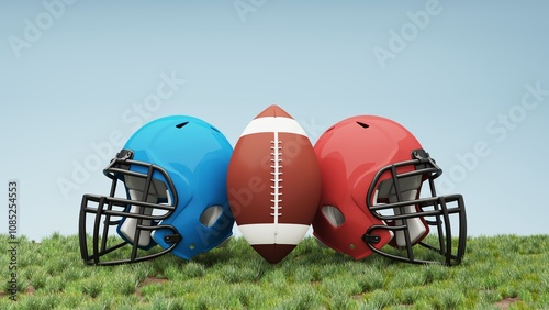 3D render of an American football background showing a football and trophy, celebrating Super Bowl victory and the thrill of the competition. Advertising banner with copy space