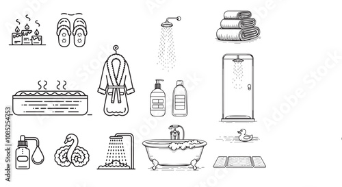 Modern Bath Essentials: Minimalist Vector Line Art Icons of Shower Cabin, Bathtub, Towels, and Bath Accessories