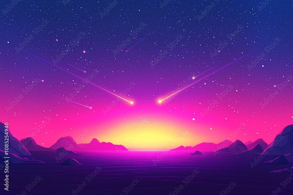 Vibrant Cosmic Sunrise with Dual Comets Over Serene Mountains Vibrant Cosmic Sunrise with Dual Comets Over Serene Mountains