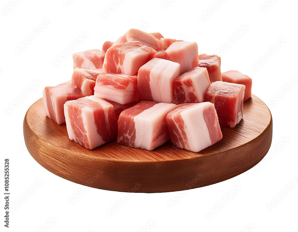 Raw Bacon cubes isolated on white background, cutout Raw Bacon cubes isolated on white background, cutout