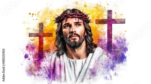 A minimalist watercolor of Jesus wearing a crown of thorns, framed by three crosses on a serene landscape background.