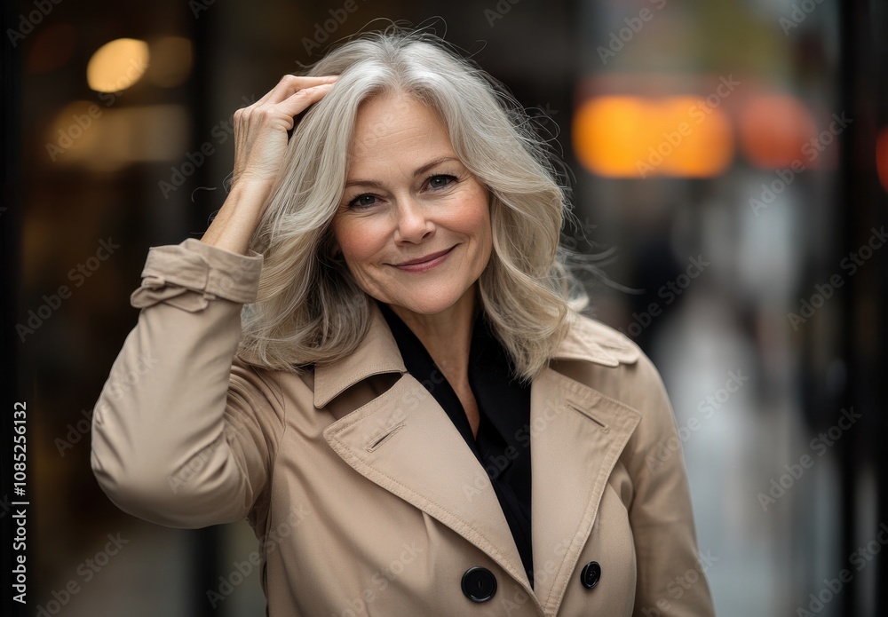 Portrait of a beautiful senior woman in a beige coat, smiling and touching her hair Portrait of a beautiful senior woman in a beige coat, smiling and touching her hair