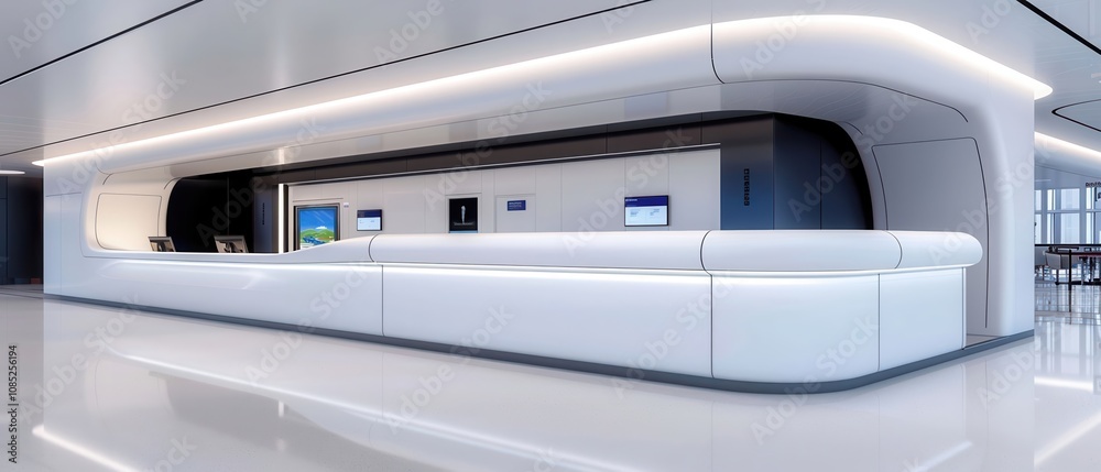 A modern reception desk in a sleek, minimalist office environment. A modern reception desk in a sleek, minimalist office environment.