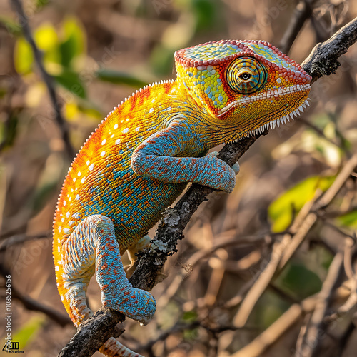 vibrant chameleon with bright yellow, orange, and blue colors perched on branch, showcasing its unique patterns and textures in natural setting