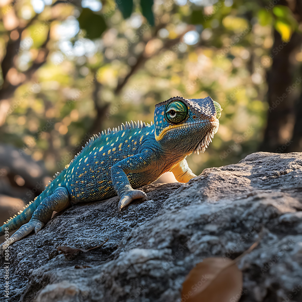 vibrant chameleon with stunning mix of blue, green, and yellow colors rests on rock in natural setting, showcasing its unique patterns and textures vibrant chameleon with stunning mix of blue, green, and yellow colors rests on rock in natural setting, showcasing its unique patterns and textures