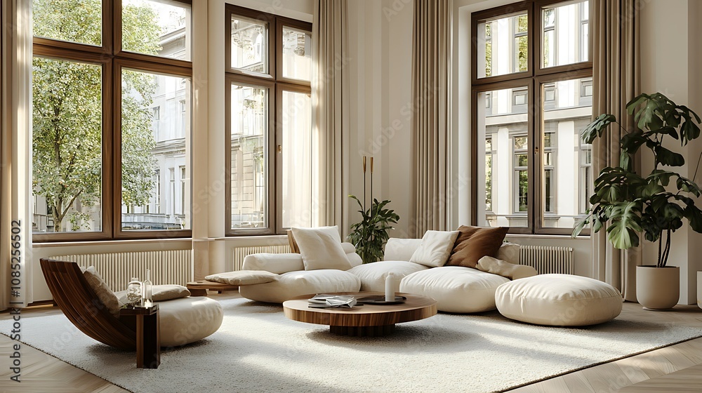 Cozy living room with large windows and modern furnishings. Cozy living room with large windows and modern furnishings.