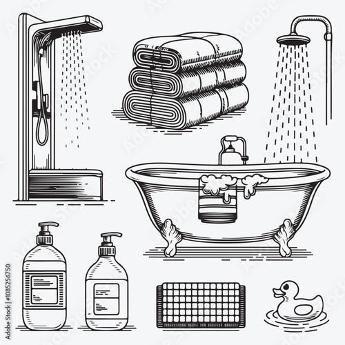 Minimalist Vector Line Art of Modern Bath Essentials: Shower Cabin, Bathtub, Towels, Body Wash, and Rubber Duck