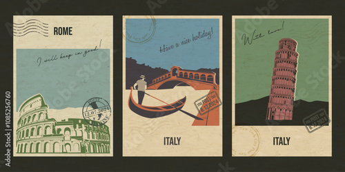 Italy Most Famous Attractions. Roman Colosseum, Venice Channel, Leaning Tower of Pisa Illustrations, Retro Style Greeting Cards Vector Templates. Postal Imprints, Aged Paper Texture