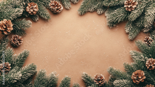 Minimalist rustic christmas frame with wreaths and pine branches photo