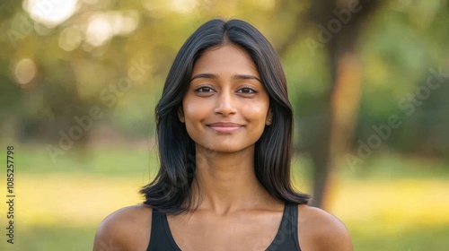 A smiling woman stands outdoors, surrounded by greenery, conveying positivity and confidence.