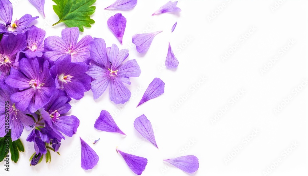 Closeup of Blooming Violet Flowers and Petals Isolated on White Background. Top View of Flower with Empty Space. Closeup of Blooming Violet Flowers and Petals Isolated on White Background. Top View of Flower with Empty Space.