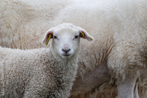 Portrait of a domestic lamb in front of its mother