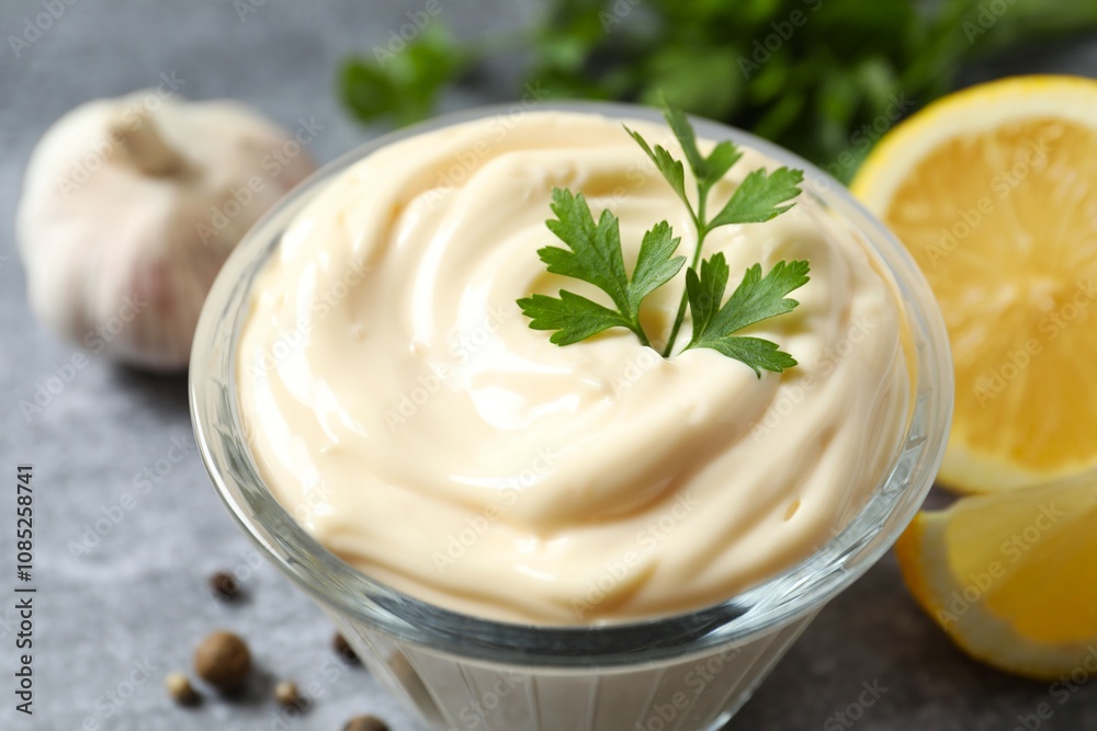 Bowl with mayonnaise and ingredients for cooking on gray background Bowl with mayonnaise and ingredients for cooking on gray background
