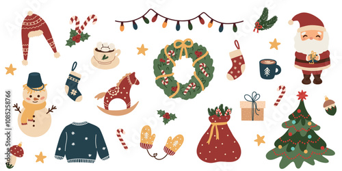 Big set of Christmas cute design elements. Cozy winter decor for decoration, poster, stickers. Christmas tree, snowman, Santa, gifts. Hand drawn color flat isolated elements on white background.