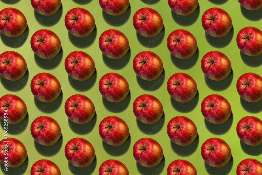 A vibrant grid of fresh red apples arranged symmetrically on a green background, creating a visually appealing pattern with natural lighting. A vibrant grid of fresh red apples arranged symmetrically on a green background, creating a visually appealing pattern with natural lighting.
