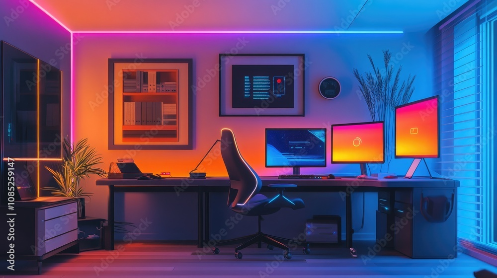 Smart home study space with modern gadgets, voice-activated lighting, large monitors, minimalist furniture, and tech-savvy decor Smart home study space with modern gadgets, voice-activated lighting, large monitors, minimalist furniture, and tech-savvy decor