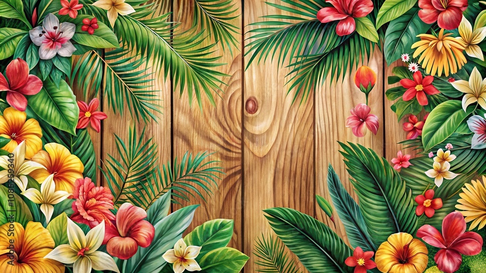 Exotic and tropical floral pattern on a woodgrain background, wood grain texture, colorful blooms Exotic and tropical floral pattern on a woodgrain background, wood grain texture, colorful blooms
