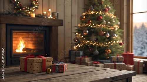 christmas blurred background, decorated tree and lights in background, wooden table, product photograph, front angle shooting, advertising shooting, effective lightning photo