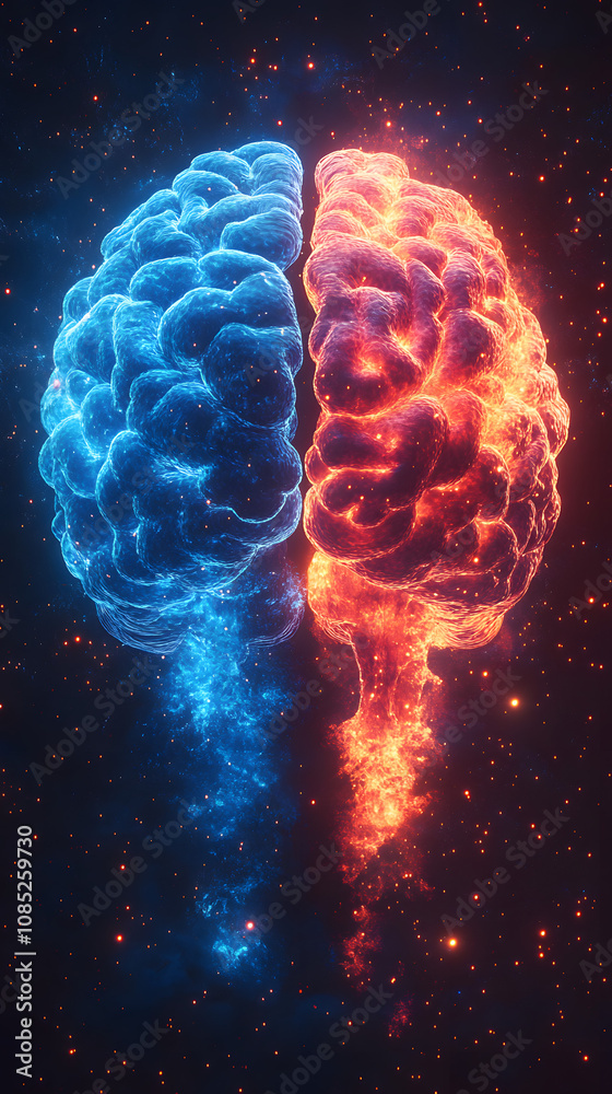 A visually striking image of a brain split in half, with one side in vibrant pink and the other in blue, symbolizing the contrast between creativity and logic, or emotional and rational thinking, high A visually striking image of a brain split in half, with one side in vibrant pink and the other in blue, symbolizing the contrast between creativity and logic, or emotional and rational thinking, high