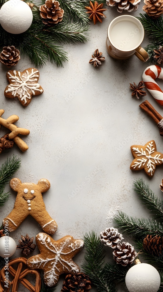 Festive arrangement of cookies, spices, and a cup of milk for the holiday season. Festive arrangement of cookies, spices, and a cup of milk for the holiday season.