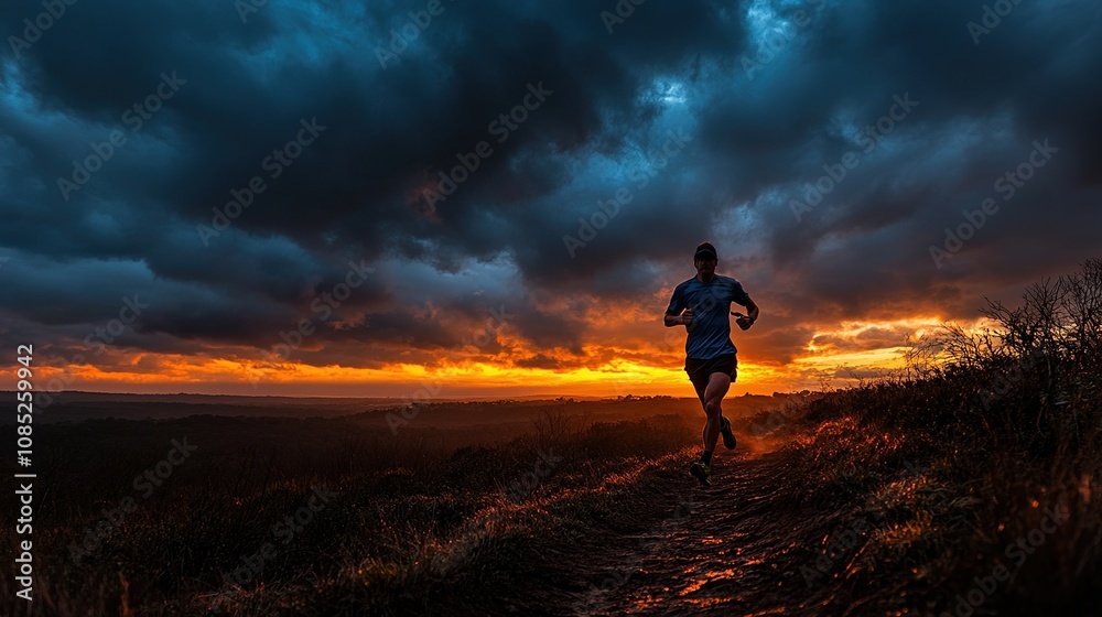 A runner jogs along a trail at sunset, surrounded by dramatic clouds and vibrant colors. A runner jogs along a trail at sunset, surrounded by dramatic clouds and vibrant colors.