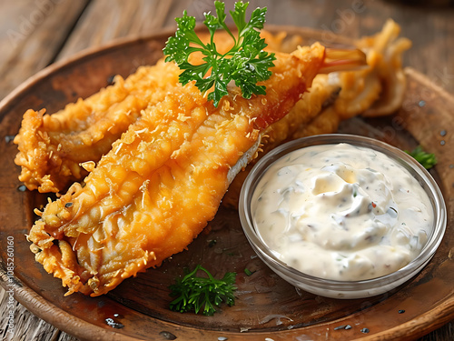 Golden Crispy Fried Fish Fillet Served with Tartar Sauce and Parsley photo