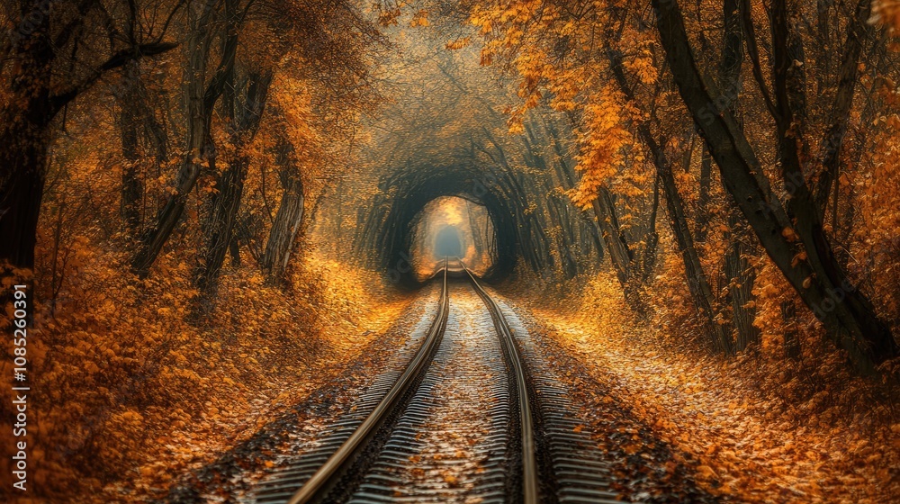 Naklejka premium Golden Autumn Railroad Tunnel