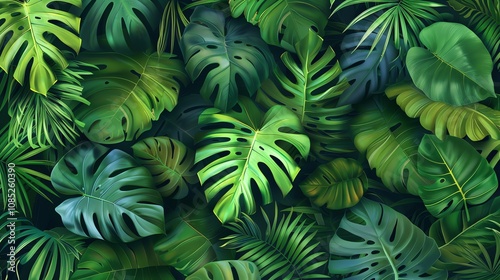 Lush green tropical leaves in a dense pattern.